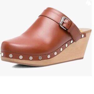 XYD Brown Cork Mule Wedge Heel Stud Buckle Strap Fasten Round Toe Slip On Shoe
